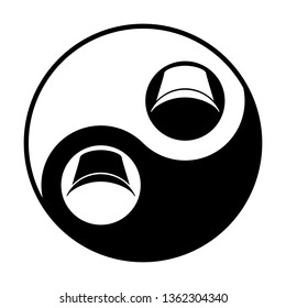 Hat. Vector. Black and white icon inside circles of yin and yang symbol at white background.