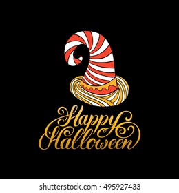 Hat vector illustration with Happy Halloween lettering for party invitation card, poster. All Saints' Eve background.