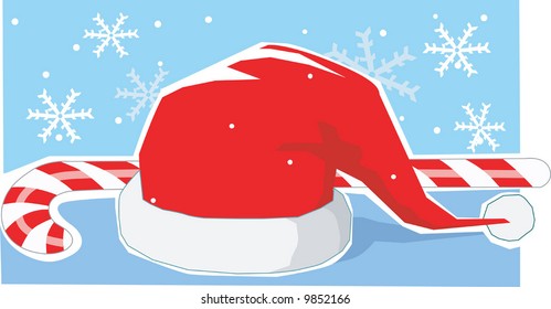 a Santa’s hat and walking stick	