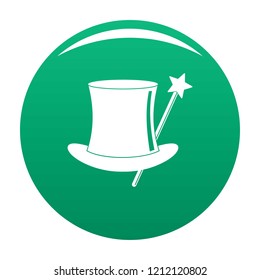 Hat with a wand icon. Simple illustration of hat with a wand vector icon for any design green