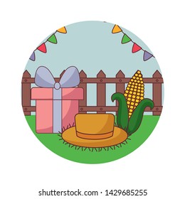 hat wicker with gift box and cob in frame circular