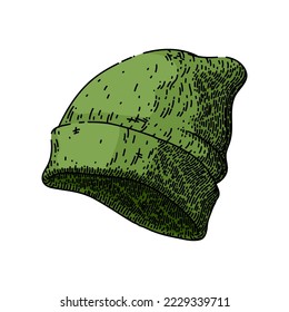 hat winter hand drawn vector. cap wool, cold head, snow ski, fabric warm, accessory knit, fashion weather, woolen, heat hat winter sketch. isolated color illustration