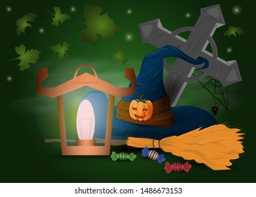 hat witch with broom lighted lantern illustration design for decoration vector EPS 10