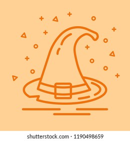 Hat of witch icon for Halloween in linear style on orange background. Vector illustration