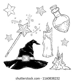 The hat of a witch, magic wands, candles, stars and a bottle.
A collection of magical attributes. Hand drawing, illustration, print