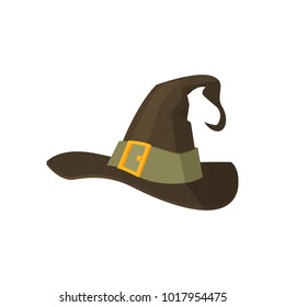 Hat of a witch or wizard. Brown wrinkled hat with ribbon and buckle. Accessory for Halloween, party, children's holiday, birthday. Vector illustration on white background.