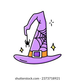 The hat of a witch, a wizard, a magician with a web and a hanging spider. A witchcraft magic accessory. A graphic element of Halloween. Vector illustration of alchemy, black magic.