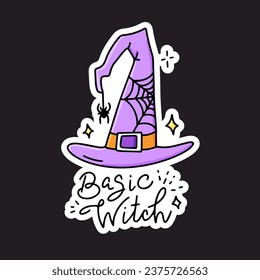 The hat of a witch, a wizard, a magician with a web and a hanging spider. A witchcraft magic accessory with lettering. A graphic element of Halloween. Vector illustration of alchemy, black magic.