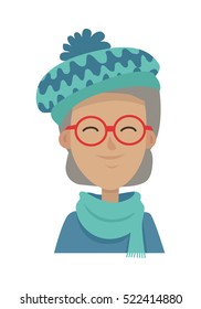 Hat wiuh pompon. Smiling old woman with grey hair in blue-green hat, long scarf, sweater. Contemporary hat with waves. Female wearing round red glasses. White background. Flat design. Vector