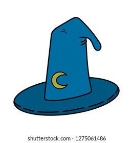 Hat of wizard isolated on white background. Blue hat with moon sign. Vector illustration for design.