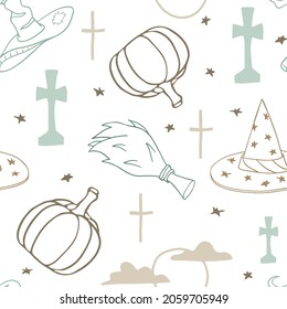 Hat of wizard, pumpkin, cross, stars, broom, moon with clouds,tombstone. Cute doodles for Halloween. Vector seamless pattern.
