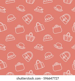 Hat and women bag accessories background seamless pattern red