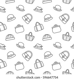 Hat and women bag accessories background seamless pattern 
