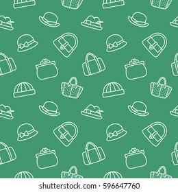 Hat and women bag accessories background seamless pattern green