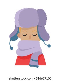 Hat. Young man hiding his face in woolen violet scarf. Warm violet hat with ear flaps on male. Scarf with two blue stripes. Knitted red sweater. White background. Flat design. Vector illustration
