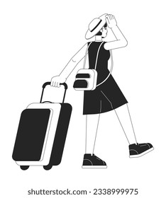 Hat young woman travelling with suitcase flat line black white vector character. Editable outline full body person. Tropical vacation simple cartoon isolated spot illustration for web graphic design