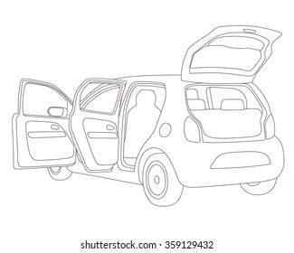 Hatch Back Vehicle That Open Doors And Rear Hatch, Line Drawing Illustration