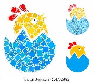 Hatch chick composition of rugged parts in different sizes and shades, based on hatch chick icon. Vector rugged parts are combined into composition. Hatch chick icons collage with dotted pattern.