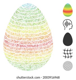 Icono de rayas abstractas del espectro de huevos del collarín del escote compuesto de elementos estrechos en varios tamaños y tonos de color.