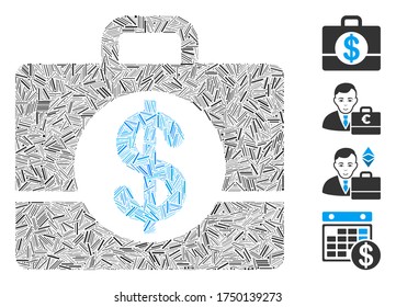 Hatch collage accounting case icon constructed from narrow items in various sizes and color hues. Linear items are united into abstract vector illustration accounting case icon.