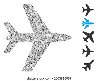 Hatch collage aircraft icon united from straight items in variable sizes and color hues. Vector linear items are arranged into abstract collage aircraft icon. Bonus icons are added.