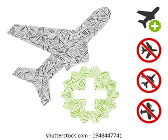 Icono de adición de avión de collage de escotillas unida de elementos estrechos en tamaños aleatorios y tonos de color. Los elementos de rayado irregular se organizan en un icono abstracto de adición de mosaico vectorial.