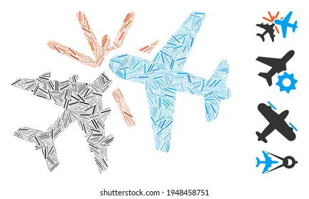 Icono de colisión del avión de collage de escotilla organizado a partir de objetos finos en tamaños aleatorios y tonos de color. Los elementos de trama irregular se organizan en un icono de colisión de avión con composición vectorial abstracta.