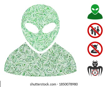 Hatch collage alien icon united from straight elements in different sizes and color hues. Line items are united into abstract vector collage alien icon. Bonus icons are placed.