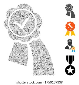 Hatch collage approved seal icon united from straight elements in random sizes and color hues. Linear elements are grouped into abstract vector collage approved seal icon. Bonus pictograms are added.