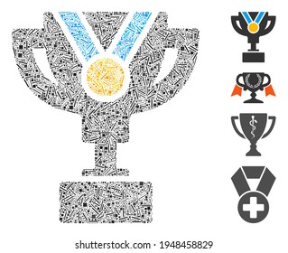 Hatch collage award cup icon organized from straight elements in different sizes and color hues. Irregular hatch elements are arranged into abstract vector illustration award cup icon.