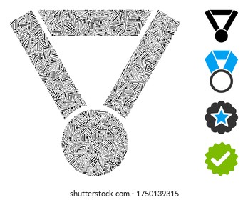 Hatch collage award medal icon designed from straight elements in different sizes and color hues. Irregular hatch elements are united into abstract vector collage award medal icon.
