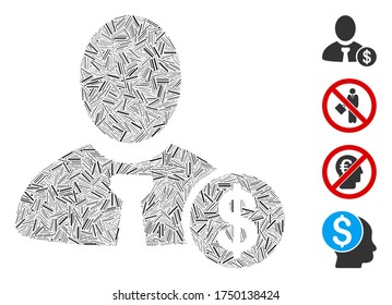 Icono de la banca de collage de escotillas construido a partir de elementos rectos en tamaños aleatorios y tonos de color. Los elementos de línea se combinan en un icono de banco de collage de vector abstracto. Se agregan iconos de bonificación.