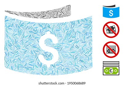 Hatch Collage Banknoten Symbol aus schmalen Elementen in zufälligen Größen und Farbtönen organisiert. Unregelmäßige Lukenelemente werden zu einem abstrakten Symbol für Vektorgrafik-Banknoten zusammengeführt.