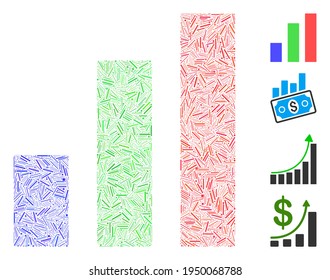 Hatch collage bar chart icon designed from straight elements in different sizes and color hues. Irregular hatch elements are organized into abstract vector collage bar chart icon.