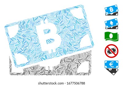 Hatch Collage based on Bitcoin banknotes icon. Mosaic vector Bitcoin banknotes is formed with random hatch dots. Bonus icons are added.