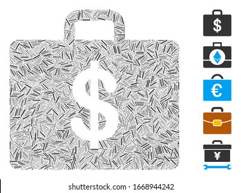 Hatch Collage based on business case icon. Mosaic vector business case is designed with scattered hatch spots. Bonus icons are added.