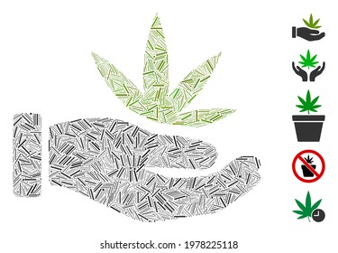 Hatch Collage based on cannabis offer hand icon. Mosaic vector cannabis offer hand is created with random hatch dots. Bonus icons are added.