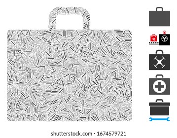 Hatch Collage based on case icon. Mosaic vector case is created with scattered hatch spots. Bonus icons are added.