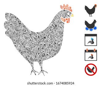 Hatch Collage based on chicken icon. Mosaic vector chicken is composed with randomized hatch dots. Bonus icons are added.