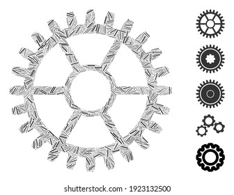 Hatch Collage based on clock wheel icon. Mosaic vector clock wheel is formed with randomized hatch dots. Bonus icons are added.