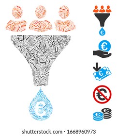 Hatch Collage basierend auf Kunden auf Euro-Umrechnungssymbol. Mosaik Vektorillustration Kunden zu Euro-Umrechnung wird mit zufälligen Lukenelementen gebildet. Bonussymbole werden hinzugefügt.