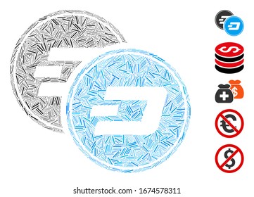 Hatch Collage based on Dash coins icon. Mosaic vector Dash coins is designed with randomized hatch spots. Bonus icons are added.