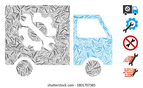 Collage Hatch basado en el icono del camión del equipo. El camión de equipo vectorial mosaico se crea con puntos de escotilla aleatoria. Se agregan iconos de bonificación.