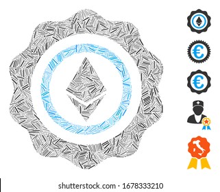 Hatch Collage based on Ethereum seal icon. Mosaic vector Ethereum seal is composed with randomized hatch items. Bonus icons are added.