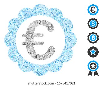 Collage Hatch basado en el icono del sello de calidad Euro. Vector mosaico Sello de calidad Euro se crea con objetos de rayas aleatorias. Se agregan iconos de bonificación.