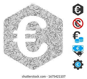 Hatch Collage based on Euro finance icon. Mosaic vector Euro finance is formed with randomized hatch items. Bonus icons are added.