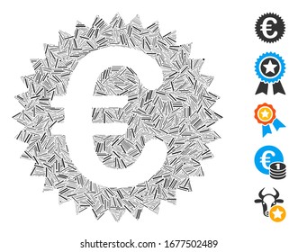 Hatch Collage basiert auf dem Euro-Garantiestempelsymbol. Mosaik Vektorillustration Euro Garantiestempel ist mit zufälligen Lukenpunkten versehen. Bonussymbole werden hinzugefügt.