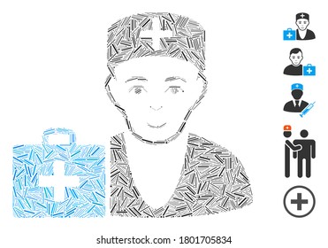 Hatch Collage based on first-aid doctor icon. Mosaic vector first-aid doctor is formed with randomized hatch spots. Bonus icons are added.