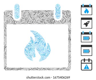 Hatch Collage based on flame calendar day icon. Mosaic vector flame calendar day is created with randomized hatch items. Bonus icons are added.