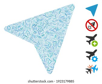 Collage de escotillas basado en un icono de plano de papel independiente. El plano de papel independiente vectorial mosaico se forma con manchas de tramas aleatorias. Se agregan iconos de bonificación.
